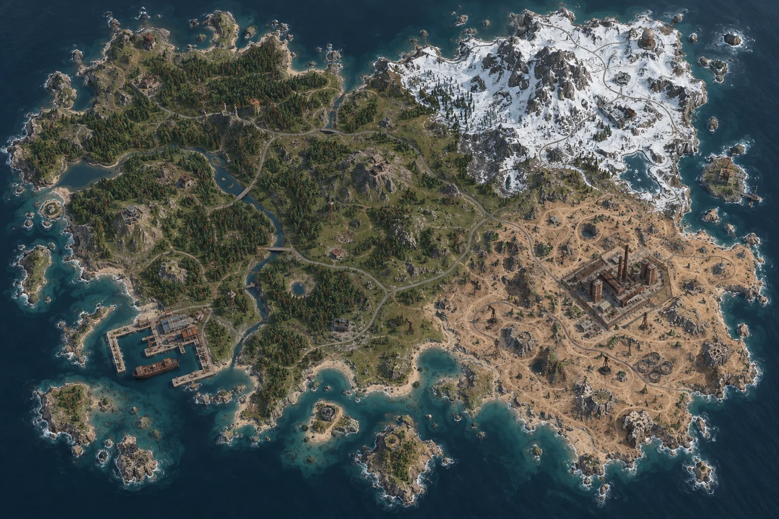 Ilha ilustrativa inspirada em Rust, com floresta, montanhas nevadas, costa e complexo industrial.