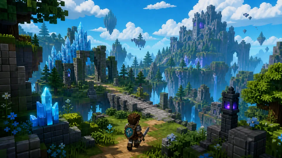 Arte ilustrativa de um aventureiro diante de ruínas e cristais em uma paisagem voxel
